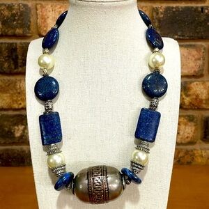 Lapis Lazuli Stone, Silver and Faux Pearl Statement necklace